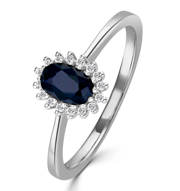 Sapphire 6 x 4mm And Diamond 9K White Gold Ring A4433